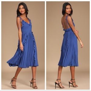 NWOT Lulus Never a Dull Moment Royal Blue Tie-Strap Pleated Midi Dress